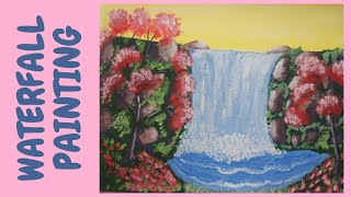 How to paint easy Waterfall & Cherry Blossom Tree / Step By Step Waterfall  Painting for Beginner