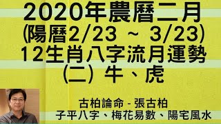 2020年農曆二月(陽曆2/23~3/23) 12生肖流月運勢分享 + 吉位  (二) 牛、虎