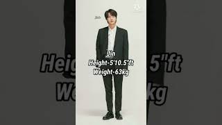 BTS members height and weight 💜#kpop#bts#rm#suga#jin#jhope#jimin#v#jungkook#shorts