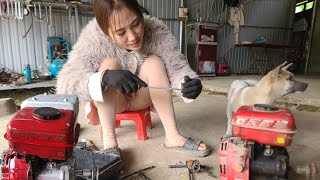 Great skill: The girl repairs a small gasoline engine with a smooth engine sound.