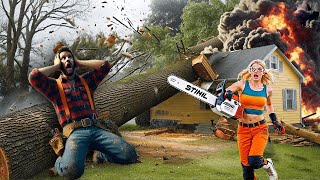 Dangerous Fastest Idiots Cutting Tree Fails Skill With Chainsaw | Tree Falling on Houses  😱