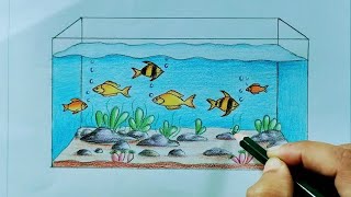 How to draw  fish aquarium//Easy fish tank drawing//Aquarium drawing for beginners