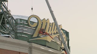 Crews begin to remove large Miller Park sign from stadium | FOX6 News Milwaukee