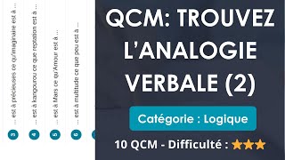 QCM: trouvez l’analogie VERBALE (2) - 10 QCM - Difficulté : ⭐⭐⭐