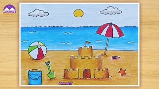 How to draw beach scenery with a sandcastle