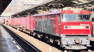 【約３０分遅れで臨時停車！】JR貨物EH500形41号機＋コキ20B（両）が警笛を鳴らしながら池袋駅2番線に到着停車するシーン（3086レ・仙貨A159・コンテナ輸送）2025.1.30