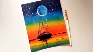 Sailboat sunset seascape acrylic painting| Simple acrylic sunset painting tutorial for beginners..