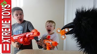 Wild Crow Steals Fidget Spinner! Wild Toy Feathered Beast Vs. Ethan Vs. Cole Nerf Blaster Battle!