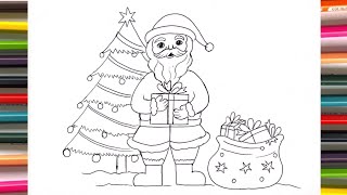 How to Draw Christmas Picture || Santa Claus with gift and Christmas Tree Drawing for Kids #281