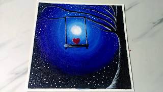 Blue moonlight romantic acrylic painting. Easy acrylic painting idea.