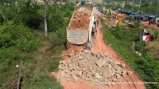 Heavy Equipment Bulldozer Clearing Land And Road & Big Truck Dumping Rocks Build New Road