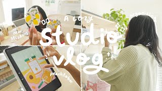 A Cozy Studio Vlog 🍵🍒 making new prints and stickers, skincare routine, cozy drawing