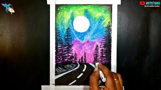 Northern Lights - Highway Scenery Drawing / Easy Oil Pastel Drawing for Beginners / Step by Step
