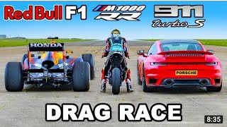 (DRAG RACE) Red Bull F1 vs BMW M1000RR VS PORSCHE Turbo 911 S | @carwow