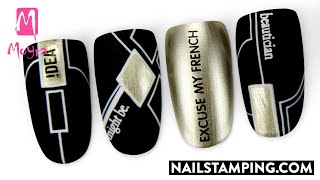 Black-gold geometric nail art with stamping (nailstamping.com)