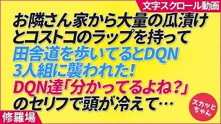 お隣さん家から大量の瓜漬けとコストコのラップを持って田舎道を歩いてるとDQN3人組に襲われた！DQN達「分かってるよね？」と言われた辺りから頭が冷えて…