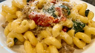 Creamy Italian Sausage Pasta with Sun Dried Tomatoes and Spinach