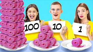 100 KAT YİYECEK MEYDAN OKUMASI || 123 GO Like! 24 Saat Boyunca Dev Yiyecek ve Minik Yiyecek