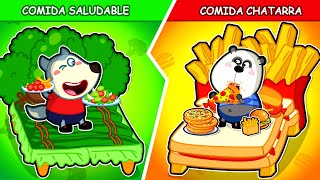 Familia Wolfoo Español | ¿CAMA DE COMIDA SALUDABLE VS CAMA DE COMIDA CHATARRA?! - Dibujos Animados