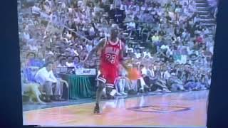 Different views of the double dribble violation (discontinue) called on Michael Jordan