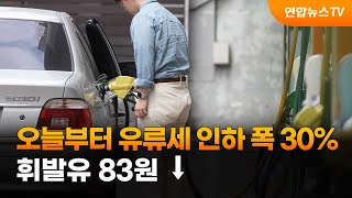 오늘부터 유류세 인하 폭 30%…휘발유 83원↓ / 연합뉴스TV (YonhapnewsTV)