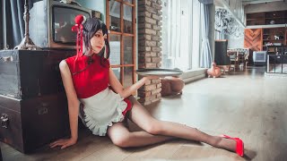 4K/Charming Maid Outfit: Beautiful Girl in Cheongsam and Tights美少女的女僕旗袍絲襪穿搭