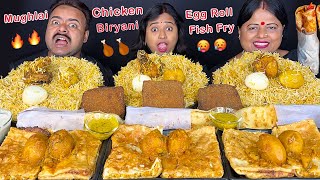 EATING SPICY🔥 INDIAN STREET CHALLENGE CHICKEN BIRYANI vs FISH FRY, EGG ROLL, MUGHLAI PARATHA MUKBANG