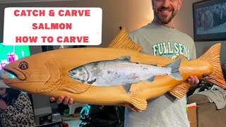 Catch & Carve Coho Salmon - How to Carve WOOD Salmon tutorial - Awesome Chainsaw