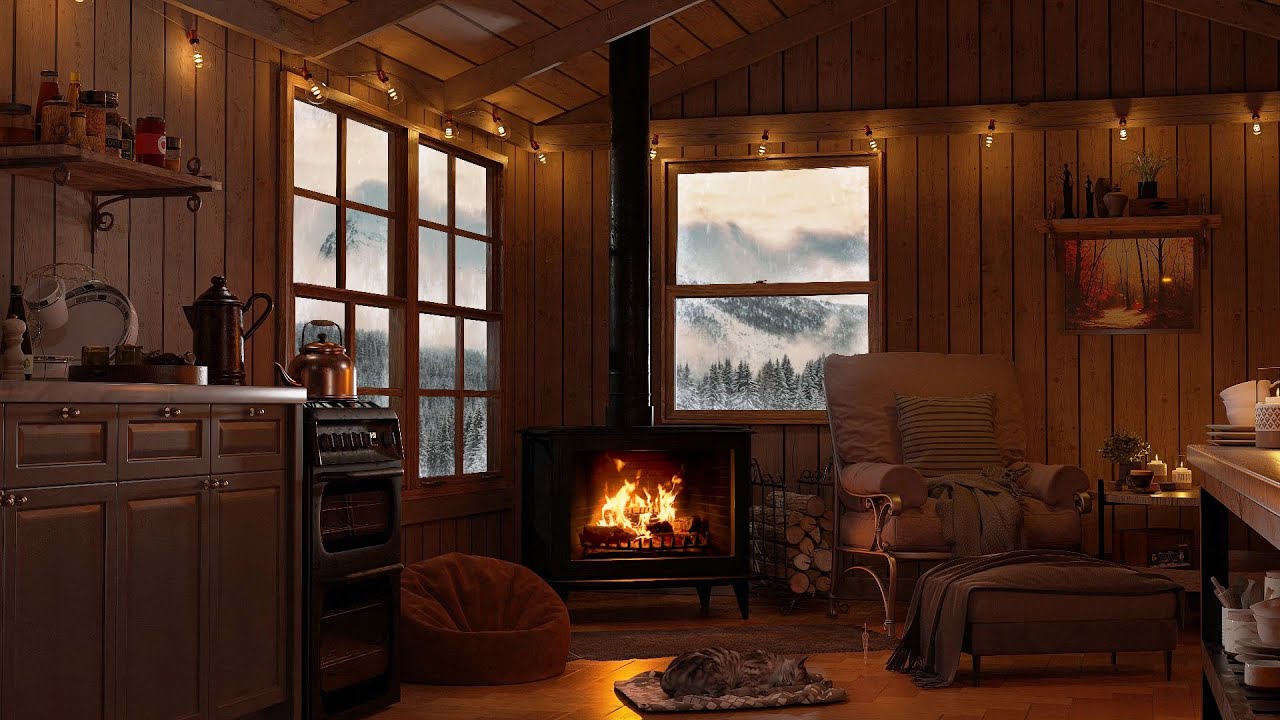 Cozy Winter Ambience With A Crackling Fireplace And Blizzard Sounds For ...