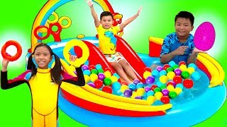 Wendy Pretend Play with Giant Rainbow Inflatable Kids Swimming Pool