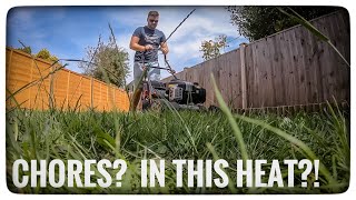 Cutting grass with lawnmower and a gopro