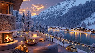 Relaxing Jazz by a Warm Fireplace | Cozy Winter Night on a Snowy Terrace with Scenic Village View