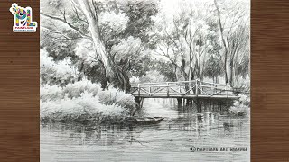 How to draw Landscape sketching and shading with Wooden bridge in park with pencil
