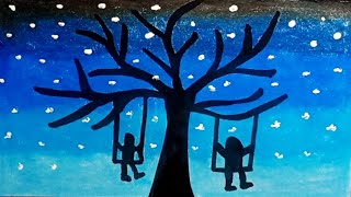 How To Draw Night Scenery With Oil Pastels |Drawing Night Scenery Very Easy Step By Step