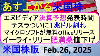 米国株の株式投資。エヌビディアの決算予想と発表時間。イーライ・リリー値下げ。無料Office～あす上がる株米国版。Feb.26, 2025。最新のアメリカ株価と株式投資。高配当株やデイトレ情報も