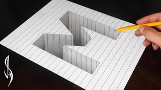 Drawing Capital Letter M Hole in Line Paper - 3D Trick Art