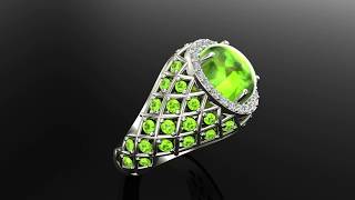 Cabochon Peridot \u0026 Diamond Cocktail Ring Halo Style Fashion Ring 2.93 Ct tw 18K Gold