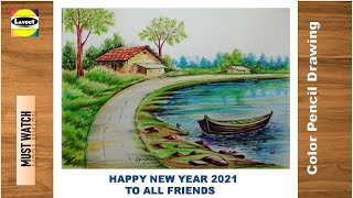 How to draw a Very Easy and Simple Colorful Landscape / Color pencil Drawing  Nature Scenery / 2021