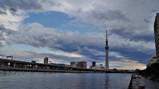 雷　大雨の後　隅田川　　東京スカイツリー　雲の流れ　天気雨　2021　7.11　隅田川　　東京 2020 オリンピック　開幕まで　あと12日