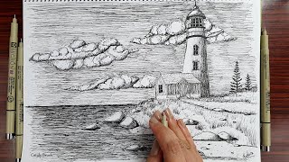 How to Draw A Lighthouse scenery | Pen & Ink Drawing #6