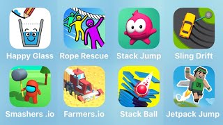 Happy Glass, Rope Rescue, Stack Jump, Sling Drift, Smashers.io, Farmers.io, Stack Ball, Jetpack Jump