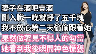 妻子在酒吧賣酒，剛入職一晚就掙了五千塊，我不放心第二天偷偷跟著她，果然做著見不得人的勾當，她看到我後瞬間呆住神色慌張！【一濟說】#小說#故事#情感#夫妻#落日溫情#情感故事#家庭矛盾#爽文