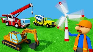 Trucks for kids - Сartoon about Excavator, Mixer, Mobile crane, Dump truck building a wind turbine