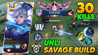 30 KILLS UNLI SAVAGE!! MIYA BEST 1 HIT BUILD AND EMBLEM REVEALED 2025! (must try this insane build💀)