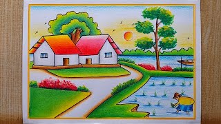 Paddy Field With Farmer Scenery drawing easy| Beautiful 😍 Village Scenery drawing| Landscape Scenery