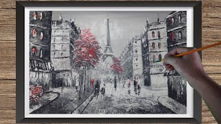 Tower Paris Landscap Acrylic Painting/Easy With Knife And Brush/White And Black Painting