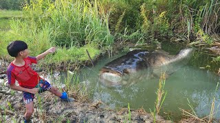 The moment orphan boy Duong suddenly caught a lot of fish in a big lake