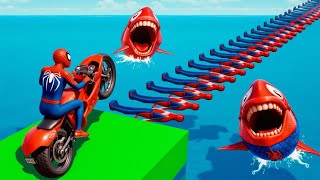 الأبطال الخارقين على القضبان دوامة قمع جسر 🏍SPIDER MAN!on Motorcycle in Spiral Bridge Stunt Ride