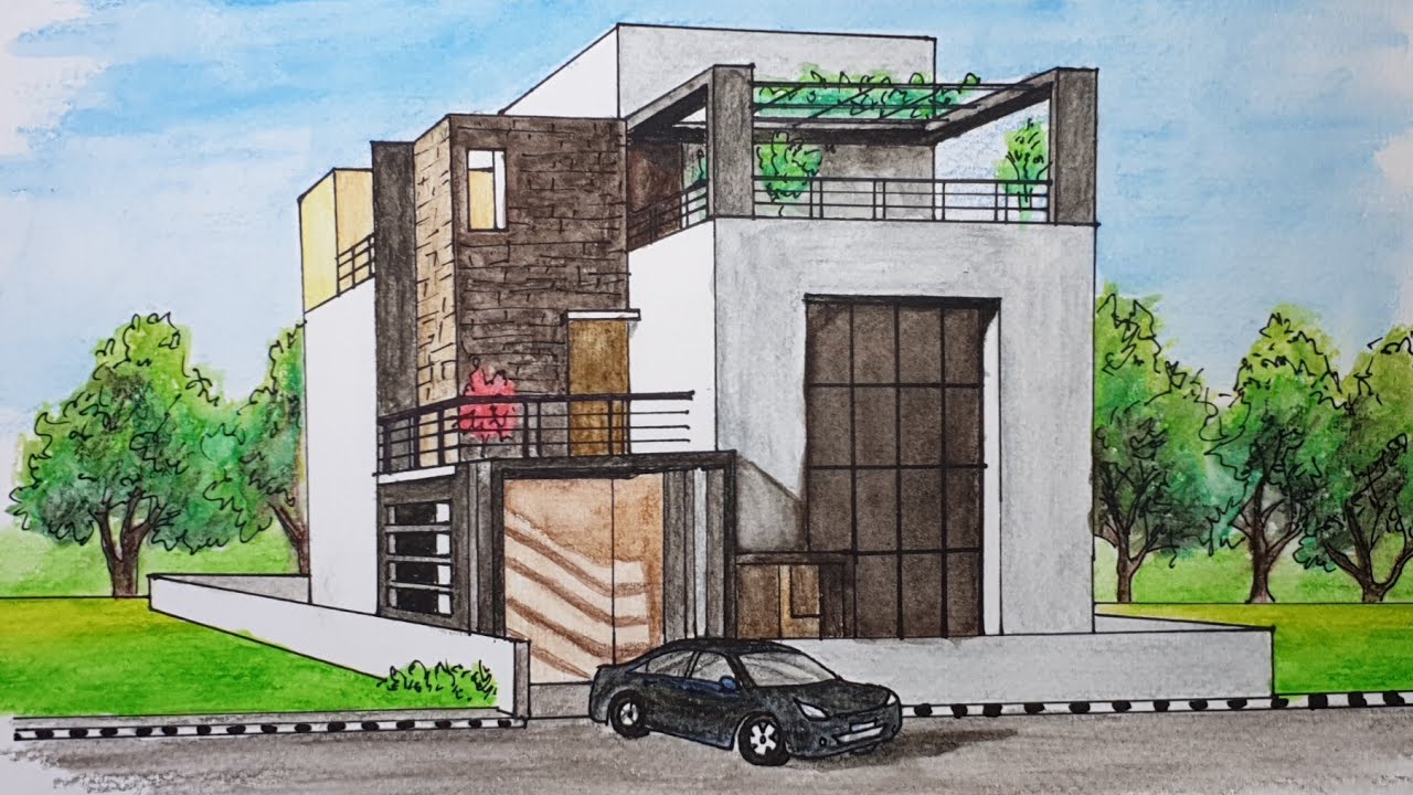 How To Draw A Modern House Using Watercolor Pencils - YouTube