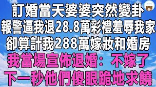 訂婚當天婆婆突然變卦，報警逼我退28.8萬彩禮羞辱我家，卻算計我288萬嫁妝和婚房，我當場宣佈退婚：不嫁了！下一秒他們傻眼跪地求饒！#情感秘密 #情感 #中年 #深夜讀書 #家庭 #為人處